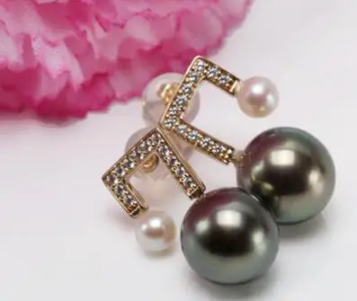 

free shipping >>>>noble jewelry gorgeous pair of 5-10mm Tahitian round black green pearl earring