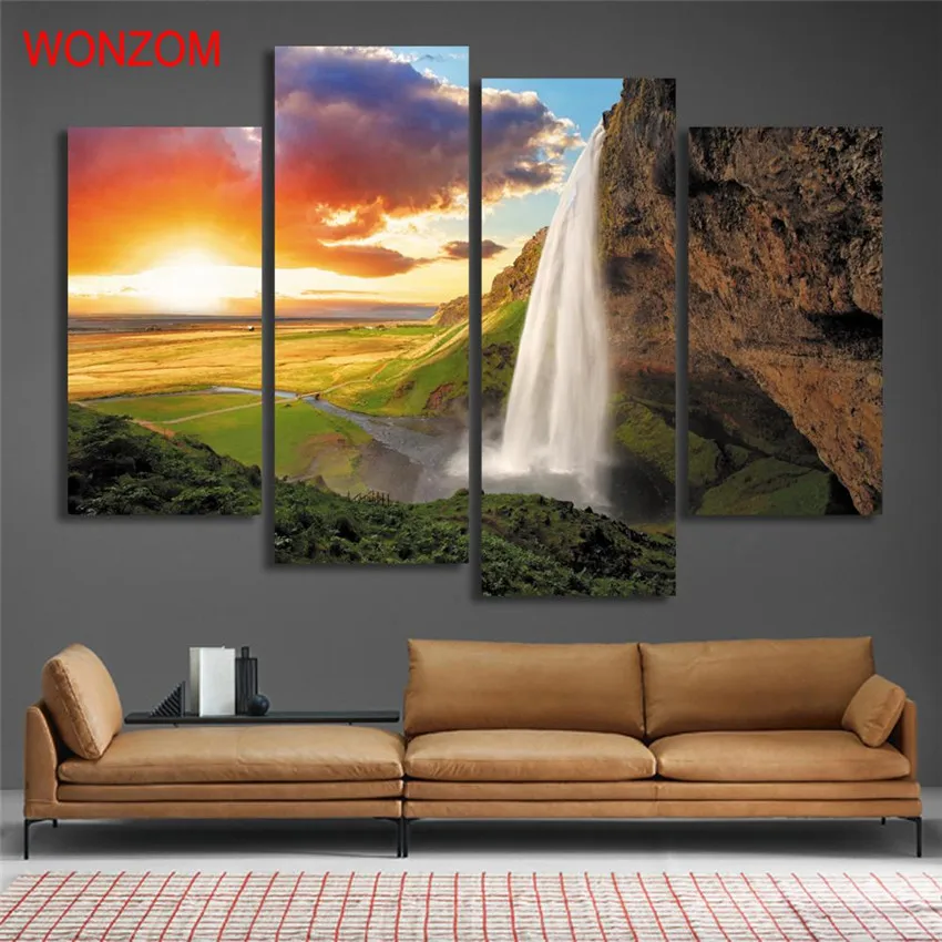 4 шт. Картина на холсте Водопад восхода солнца картина с Горным деревом
