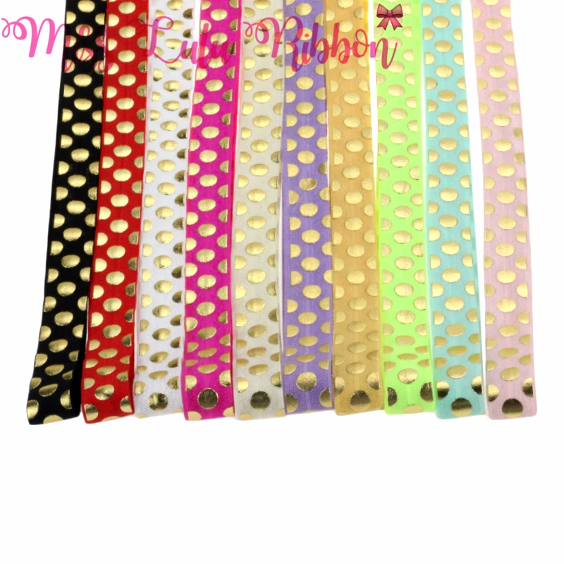 

5/8"16mm(1.5cm) gold foil polka dots printed fold over elastic ribbon handmade hair bows sewing tool 10 yards