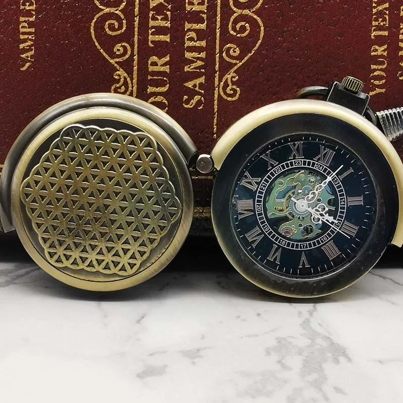 Bronze no box Уникальный Скелет старинные серебряные Механические карманные часы с цепочкой для мужчин женщин PJX053 - Цвет: Bronze no box