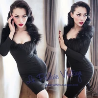 free shipping le palais vintage limited edition vintage elegant fox fur luxury low cut tight fitting one piece dress