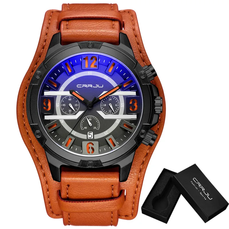 black orange Новые часы мужские роскошные брендовые CRRJU Хронограф Мужские спортивные часы водонепроницаемые кожаные кварцевые мужские часы s Relogio Masculino - Цвет: black orange