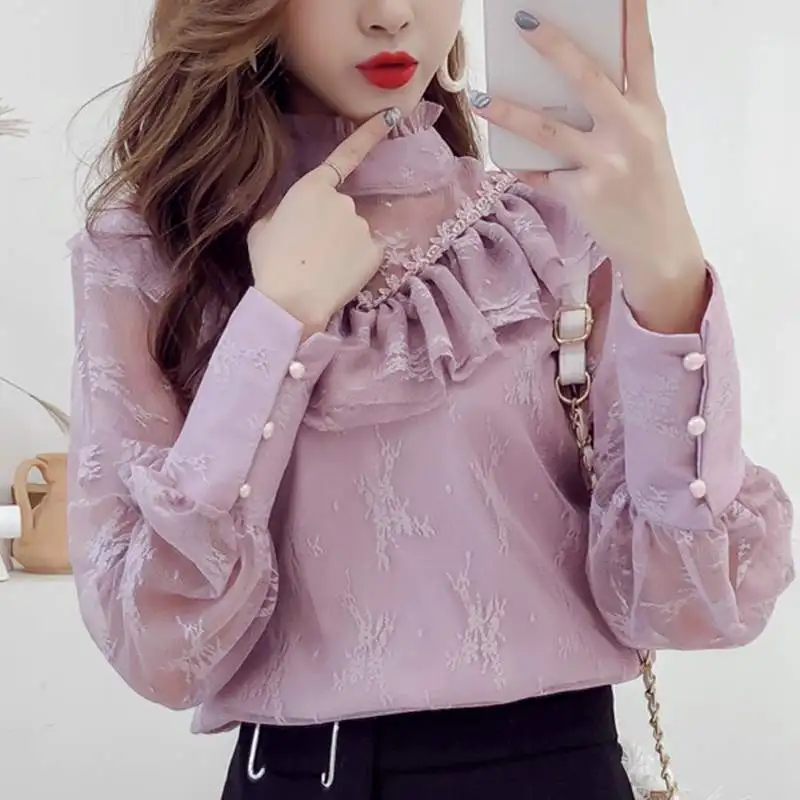 2020 Spring New Arrival Lace Top Fashion Ruffles Design Women Long Sleeve Shirt Floral Elegant Tunic Tops Mesh Blusas UX30 |