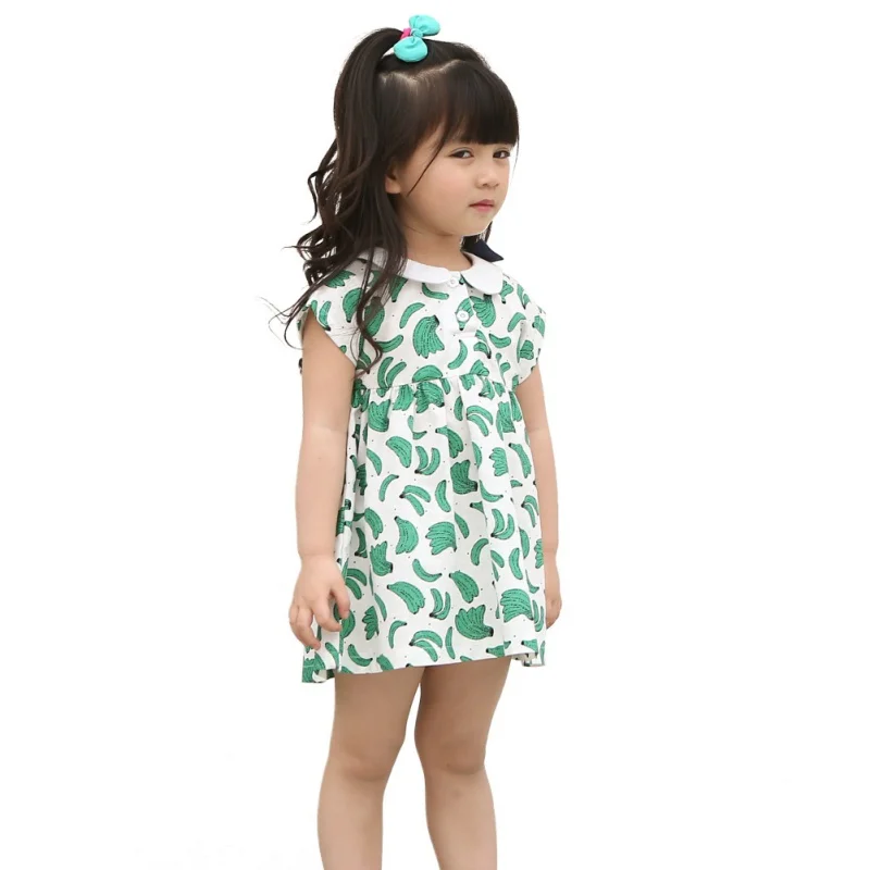 Summer Children Girl Peter Pan Collar Tutu Dress Green Banana Pattern Princess Short Sleeve Sundress | Детская одежда и обувь
