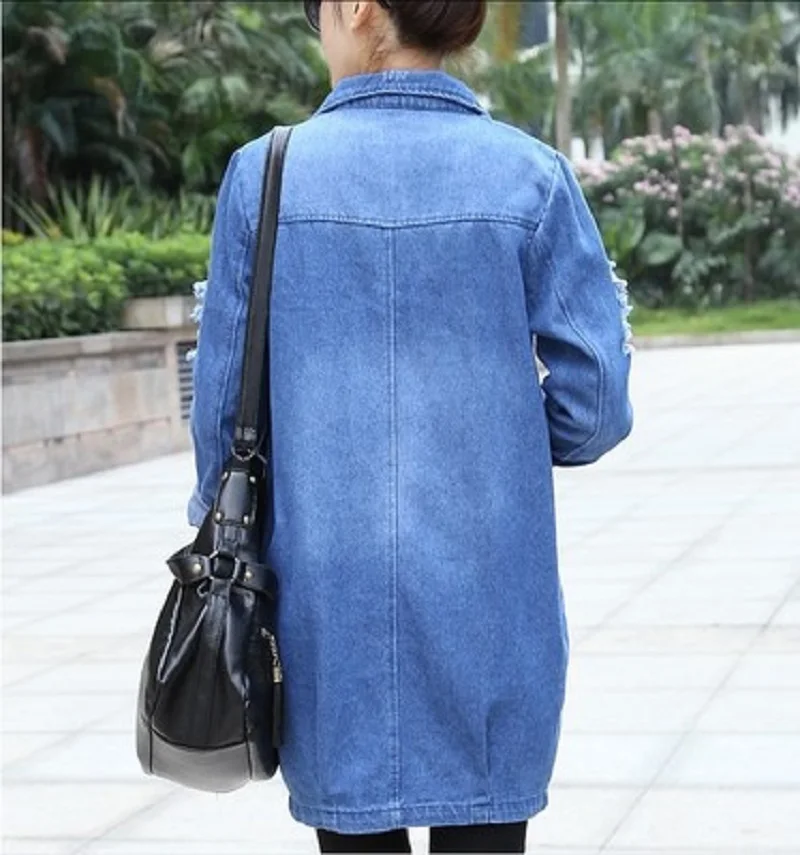 

Plus Size 2020 Fashion Spring Autumn Women Vestidos Casual High Street Denim Jacket Long Loose Holes Women Coat Outwear JK483