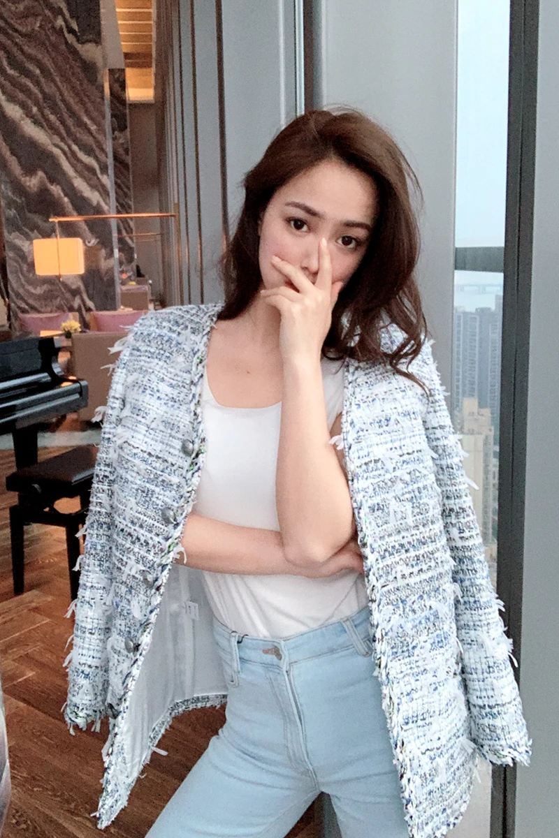 

2019 Spring Fall Women High Quality Fringe Tweed Weave Coats Office Lady Elegant V-neck Single Breasted Jackets Y306