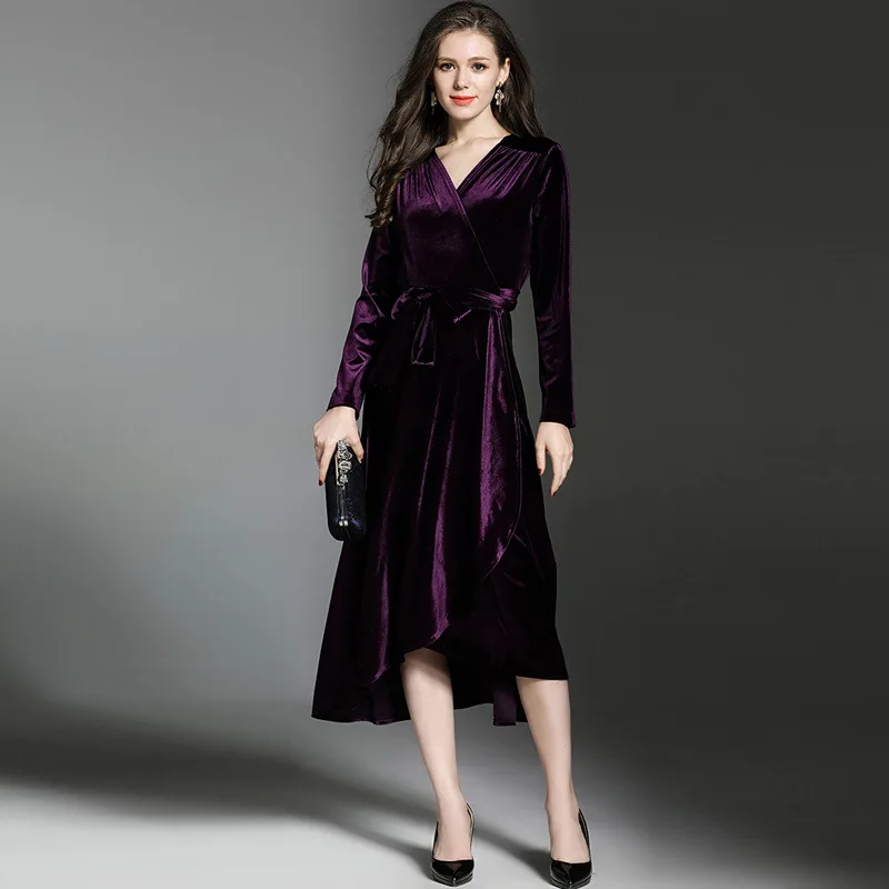 autumn Big Pendulum Purple Velvet Dresses Woman Dress 2018 Lotus Leaf Long Sleeve Ladies Kleider Damen N3238 | Женская одежда