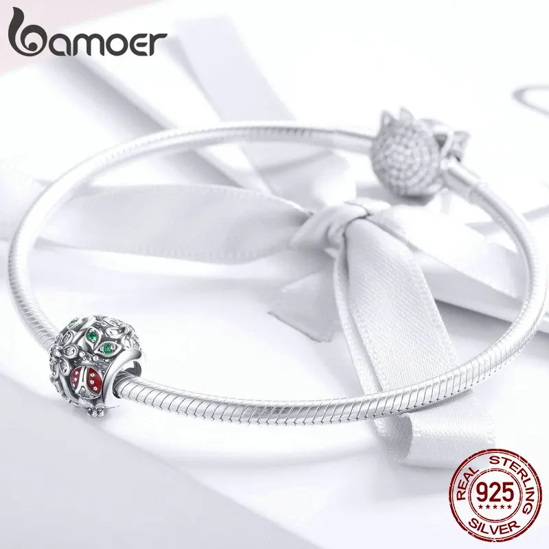 BAMOER 925 пробы серебряные модные красные Божья коровка цветок страна чудес кубические циркониевые амулеты подходят браслеты для изготовления ювелирных изделий SCC926
