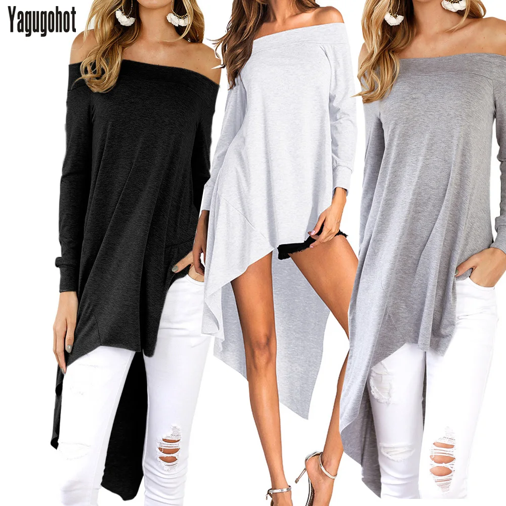 Длинный рукав с открытыми плечами деформированный джемпер асимметричный подол