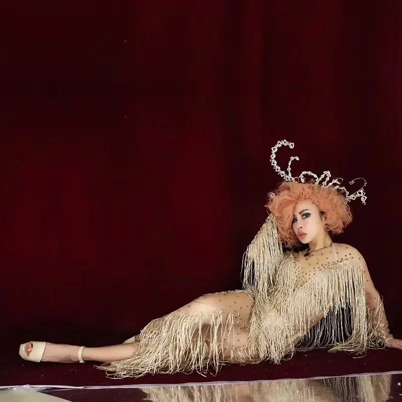 Новинка прозрачное Сетчатое платье с золотыми кисточками и камнями женское для