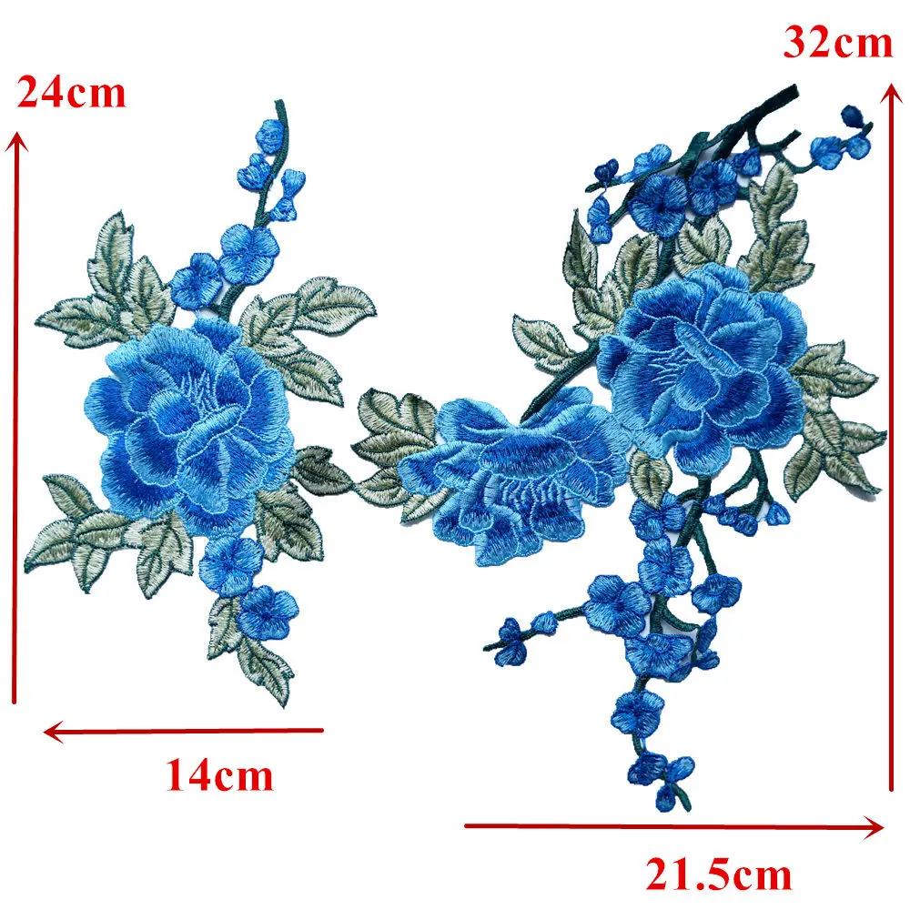 2 шт. тканевые аппликации с вышивкой в виде синих пионов | Дом и сад