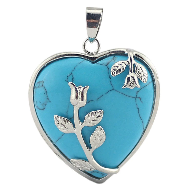 blue turquoise Винтажный серебряный цвет, цветок, сердце, натуральный Лазурит, опал, Малахитовая Роза, камень кварца, подвеска, ожерелье, женские подарки - Окраска металла: blue turquoise
