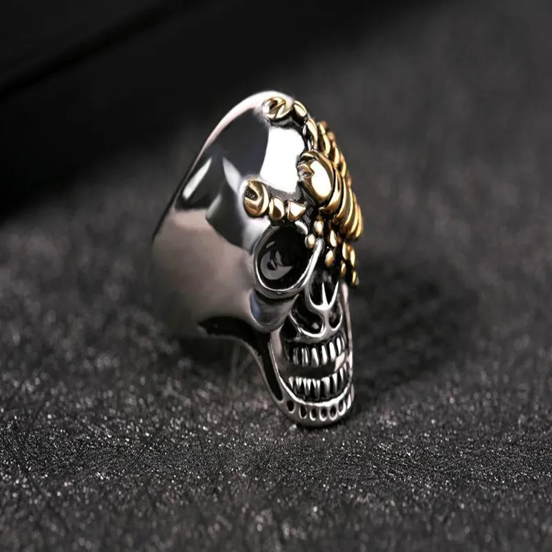 2017 new fashion personality high-quality vintage domineering gold scorpion skull ring titanium steel men's jewelry | Украшения и