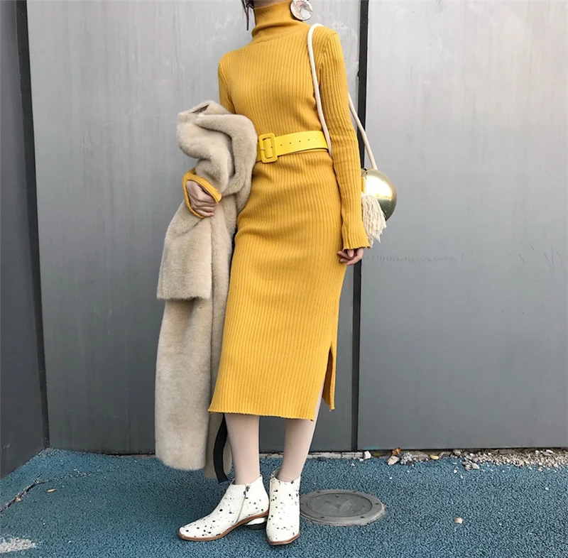 Длинный зимний свитер платье Женская водолазка облегающее трикотажное