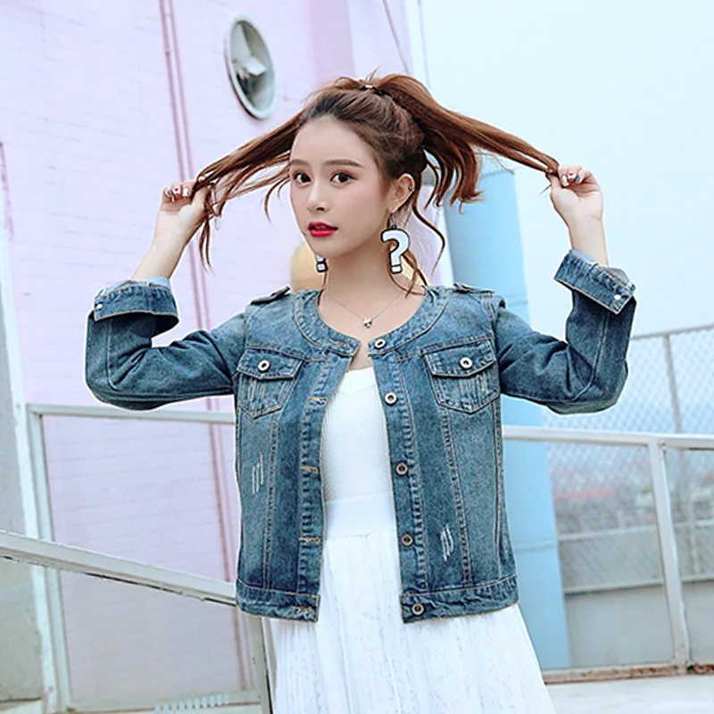 

Plus Size Round Collar Jeans Jacket 4XL 5XL Sweet Women Light Blue Bomber Short Denim Jackets Long Sleeve Jaqueta Casual Coat