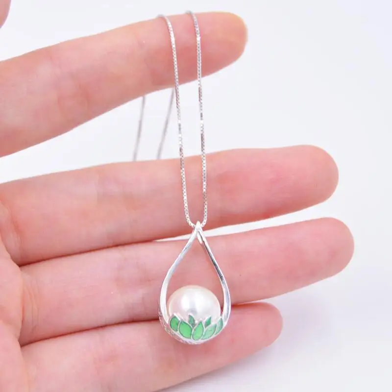 Genuine 925 Sterling Silver Natural pearl lotus Pendant Necklace 10-11mm freshwater necklace jewelry for women Enamel |