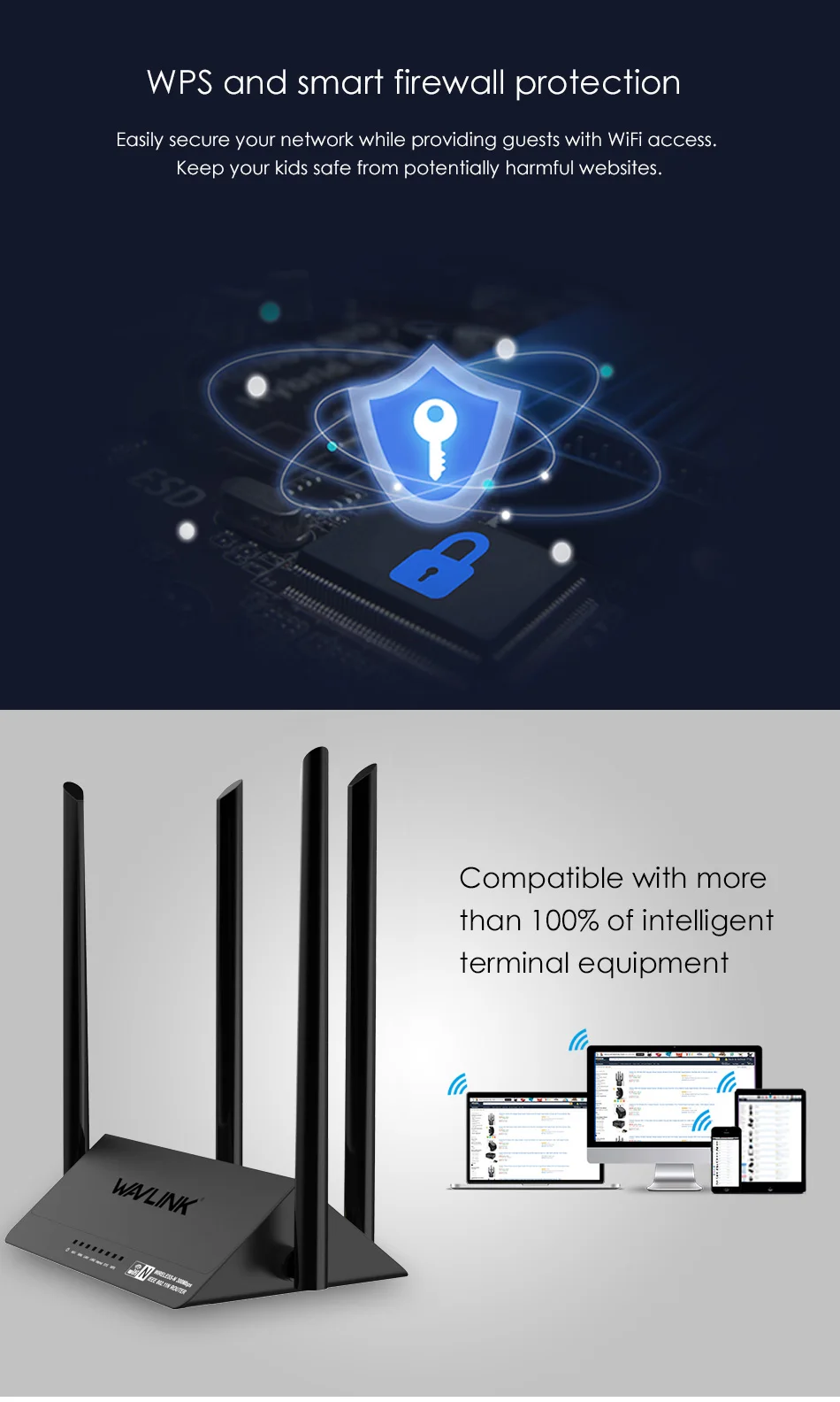 Wavlink 521R2P Wi-Fi маршрутизатор 2,4 ГГц 300 Мбит/с 4x5dbi антенны с высоким коэффициентом усиления Беспроводной Wi-Fi ретранслятор, Смарт-приложение Управление Великобритании ЕС США штепсельная вилка австралийского стандарта