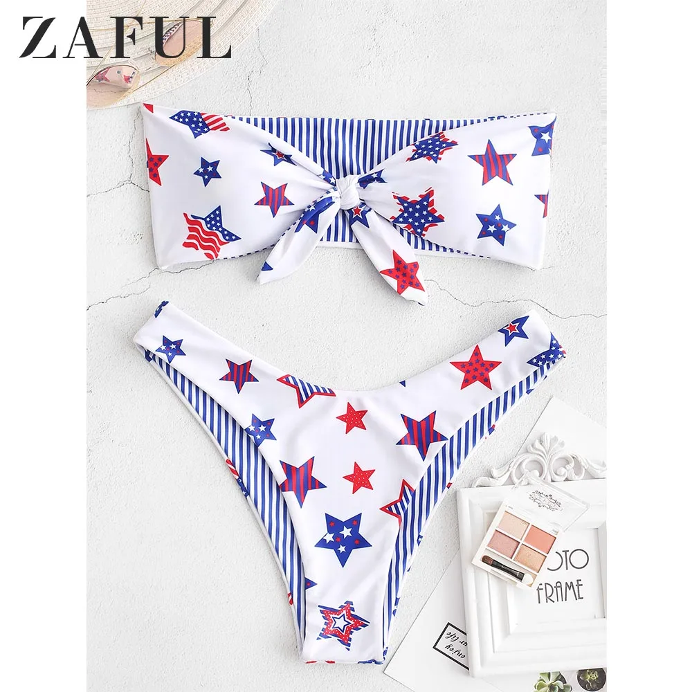 ZAFUL Реверсивное Бикини Американский Флаг Связанный Без Бретелек 2019 Женщины