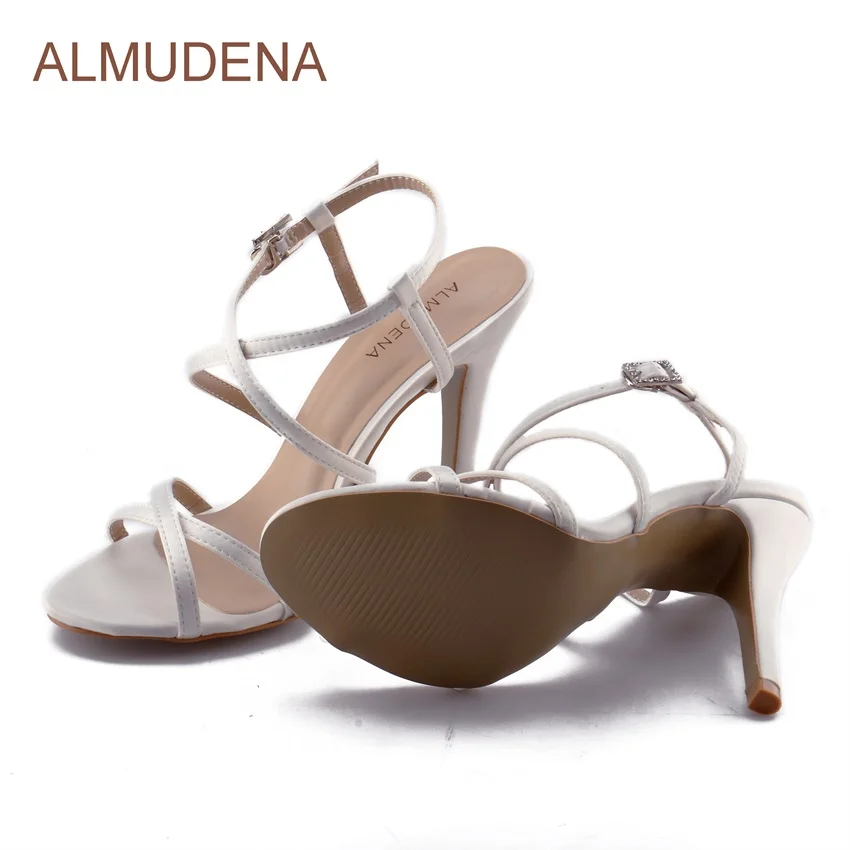 Босоножки из атласной ткани белого цвета на тонких лямках|fabric sandals|bling dress shoessandal