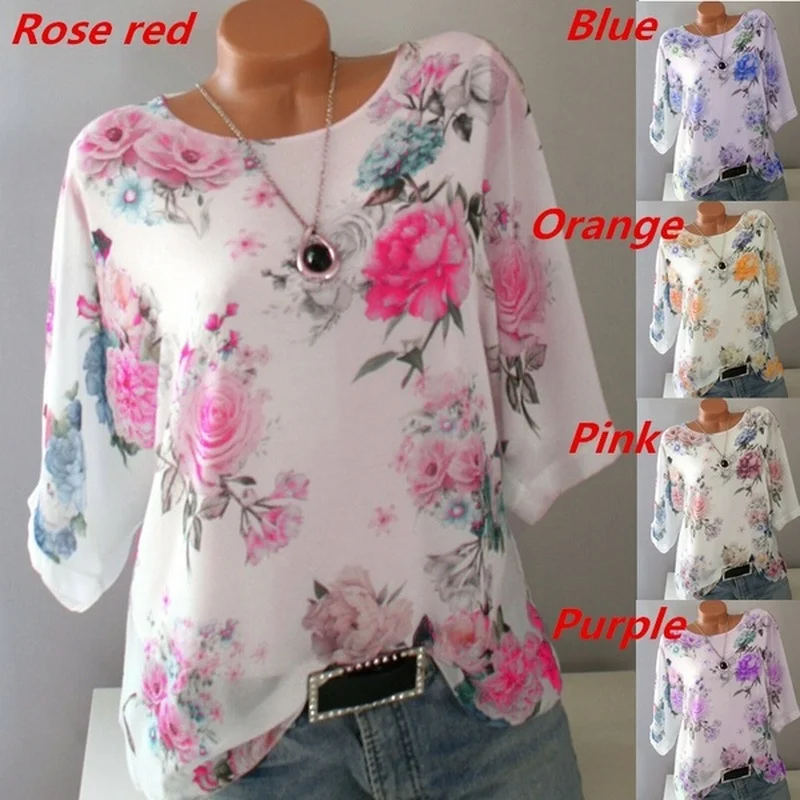 

Floral Print Blouse Women Half Sleeve Chiffon Shirts Casual White Rose Loose Shirt Fashion Retro Summer Blouses Plus Size S-5XL