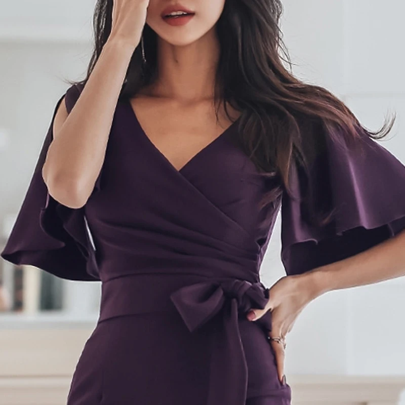 Elegant V-neck Lace Up Ruffles Women Dress Sexy Hip Package Mid-length Cloak Sleeve Female 2021 OL Style vestidos femme | Женская одежда