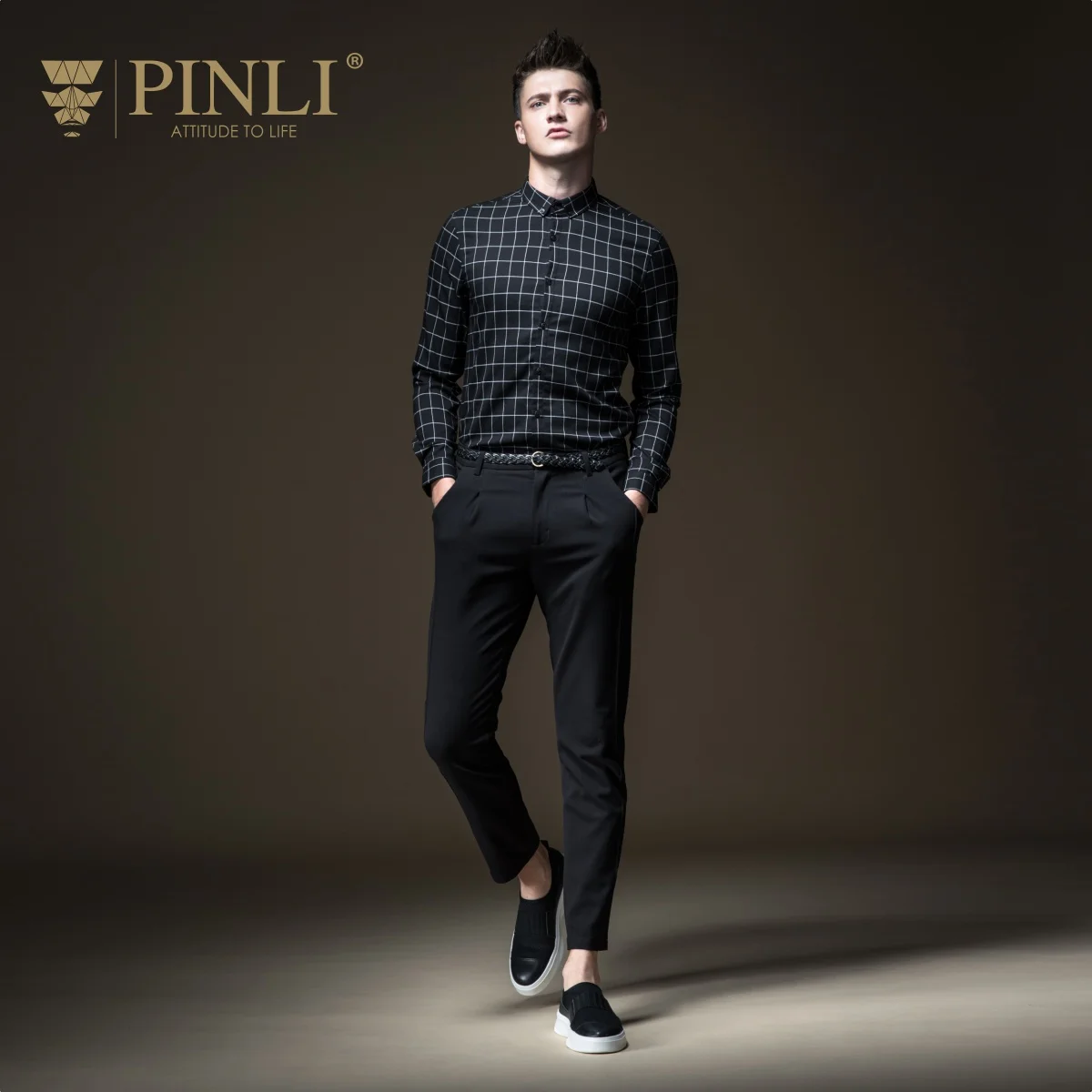 Мужская рубашка с длинными рукавами Camisa Social Masculina Pinli Pin Li новая осенняя в клетку