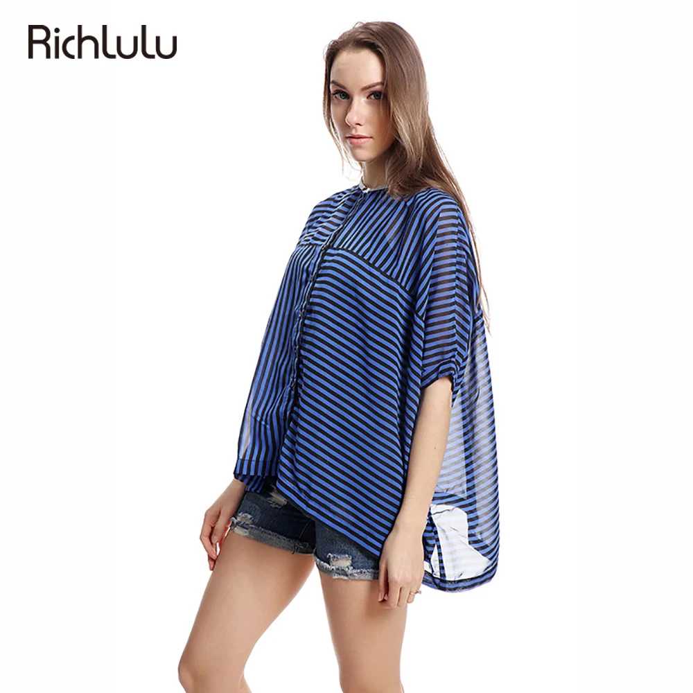 RichLuLu Одежда Блузка Женщины Лето Весна Коротким Рукавом Sheer Топ Уличная Полосатый