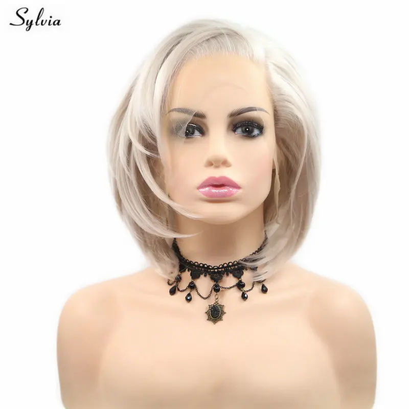 Platinum Sylvia 1" короткий боб парик натуральный прямой платина/Блонд синтетический парик на кружеве Высокая температура волокна косплей парик для женщин - Цвет: Platinum