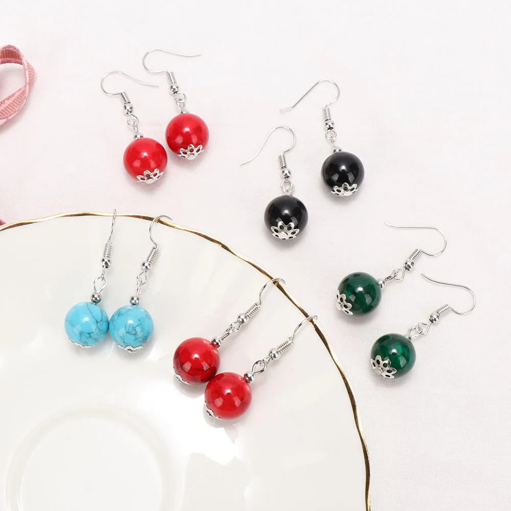 Женские серьги подвески в стиле бохо простые круглые из натурального камня