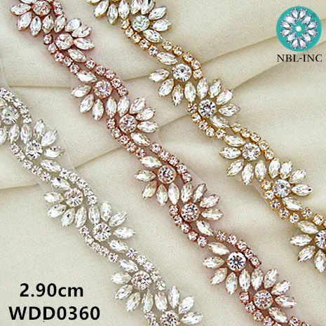 (5 yards) Bridal beaded silver rose gold crystal rhinestone applique trim iron on for wedding dress  WDD0360