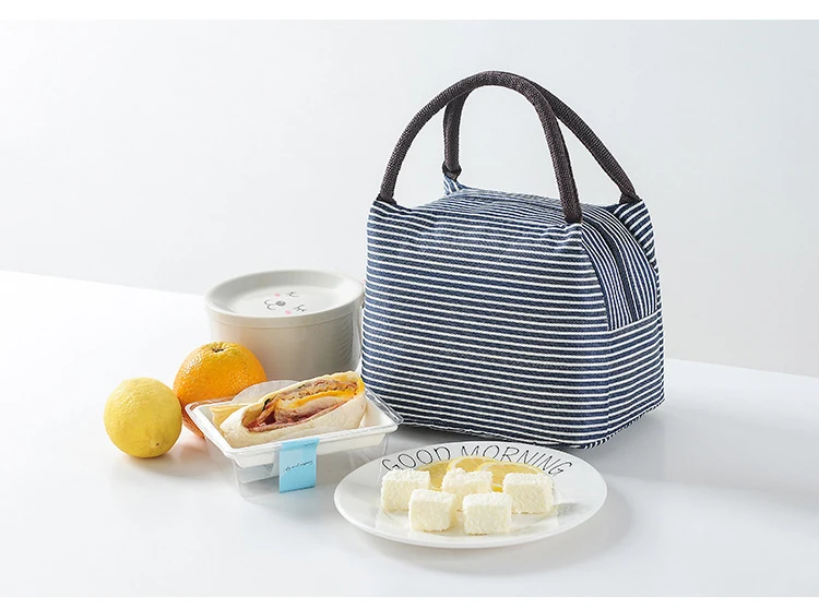 Waterproof Canvas Insulated Lunch Bag Aluminum Foil Stripe Handbags Food Storage Cooler Ice Bag Unisex Portable Lunch Box Tote