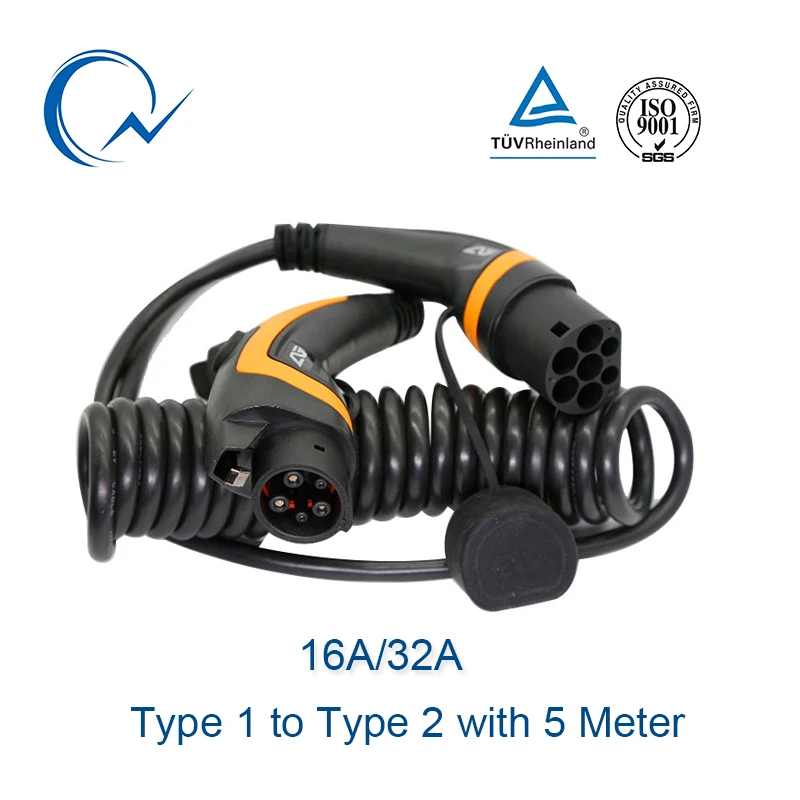 16A 32A кабель EV 3.6KW 7.6KW J1772 Тип 1 до 2 IEC62196 шт. Штепсель для зарядки 5 метр со спиральным
