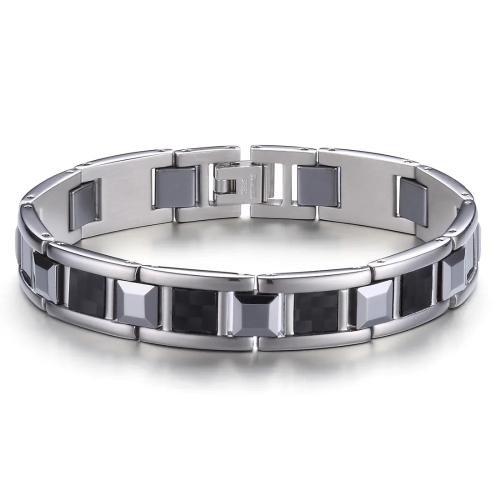 

Men's Tungsten & Steel Combine Simple Bracelets with Black Carbon Fiber Inlay Polish Finish Anniversary Birthday Gift for Male