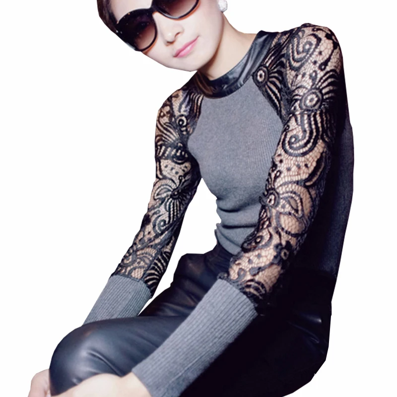 Трикотажная кружевная блузка в стиле пэчворк женская одежда новинка сезона