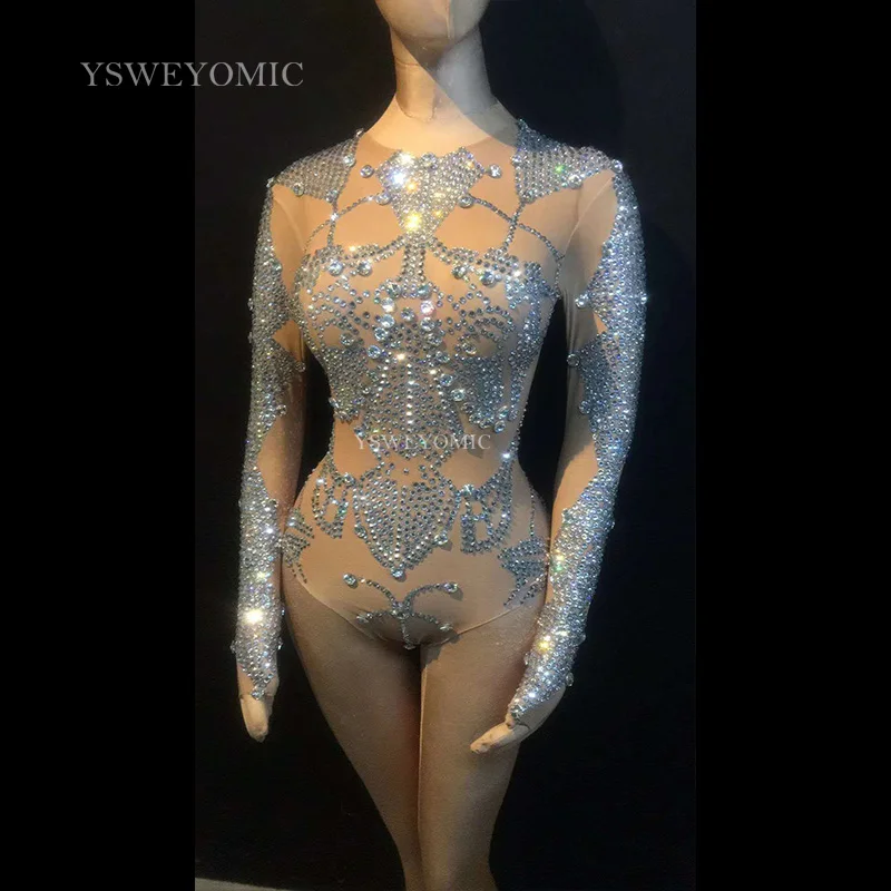 

Полностью Серебряный сексуальный сценический костюм стразы, комбинезон для танцев на шесте, Женское боди, одежда для ночного клуба, певицы, выступления