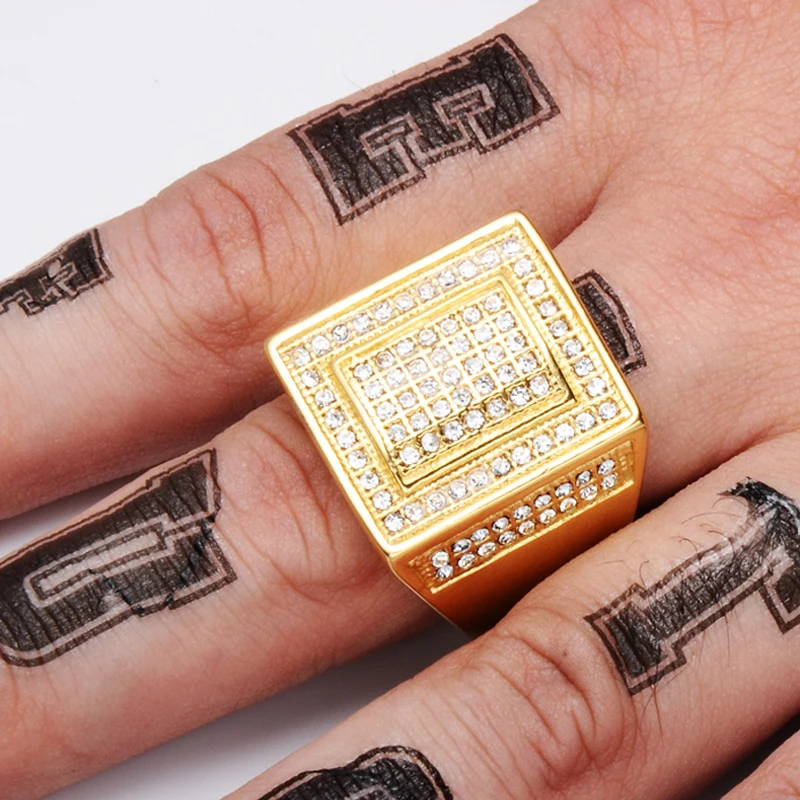 HIP Hop Titanium Micro Pave Crystal Chunky Square Mens Ring Iced Out Bling IP Gold Filled Thick Rings for Men Jewelry | Украшения и