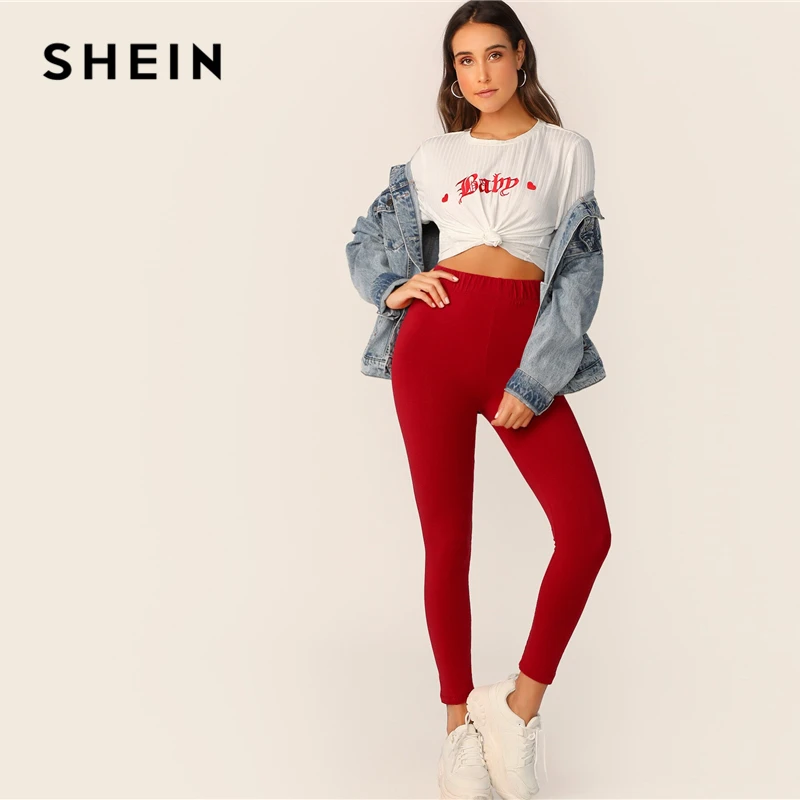 SHEIN однотонные леггинсы с эластичной резинкой на талии,, черные, красные, весна-осень, эластичные однотонные леггинсы, сексуальная женская одежда, леггинсы для тренировок