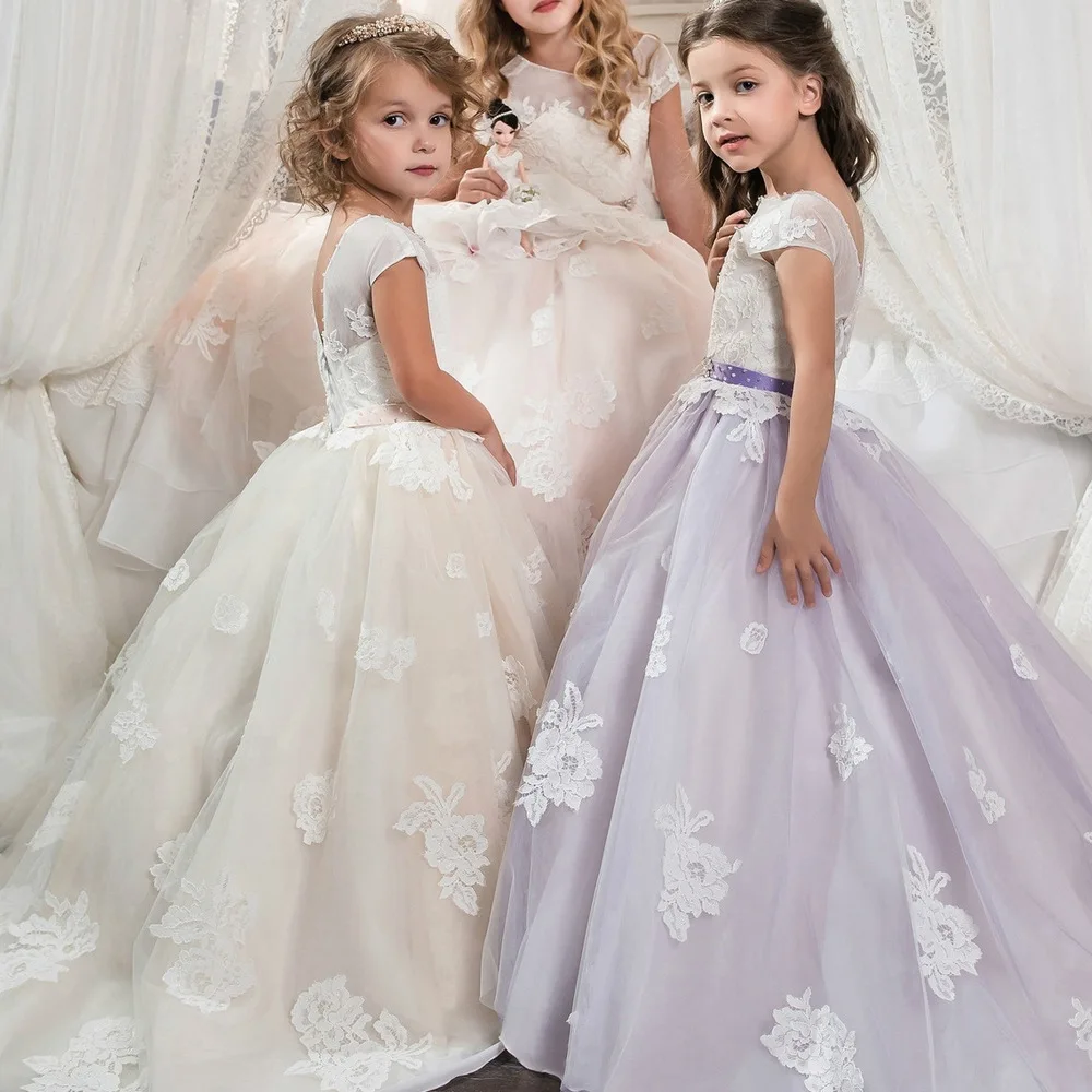 New Rose Appliques Flower Girls Dresses For Weddings Lace Sweep Train Crystal Belt Ball Gown Birthday Girls Pageant Gown