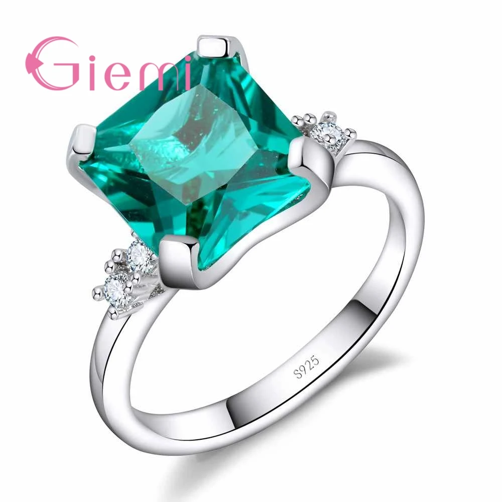 

Glamorous Green Square Stone Crystal Ring Birthday Gift Elegant Female Wedding Ceremony Jewelry 925 Sterling Silver