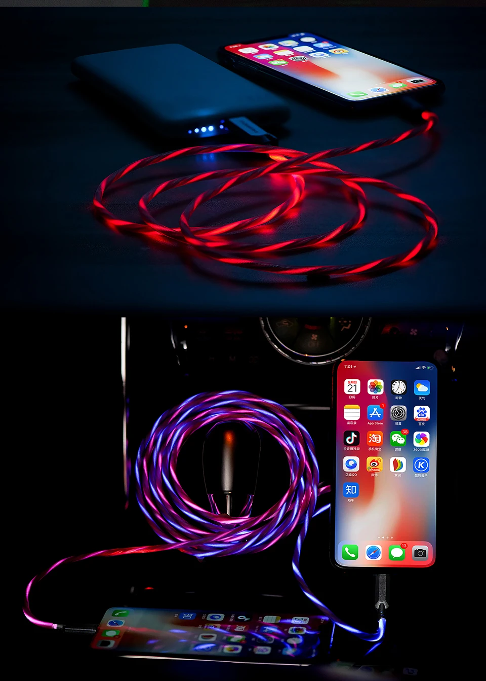 Power4 USB кабель для iPhone со светящимся светодиодный шнур для зарядки USB-C для Lightning Apple светодиодный Micro USB кабель для Android