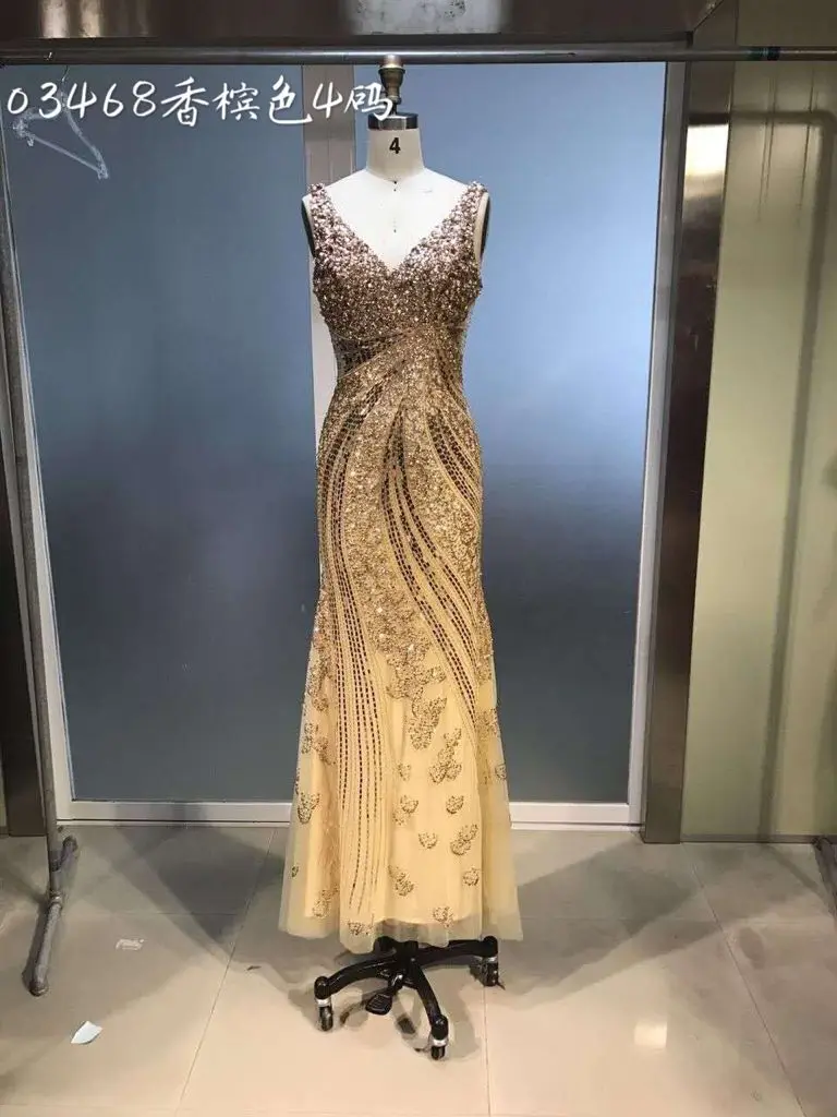 Cloverbridal Высокое качество Шампанское Luxo Sereia глубоким v-образным вырезом frisada Vestido де Деста formatura Para Casamento Vestido
