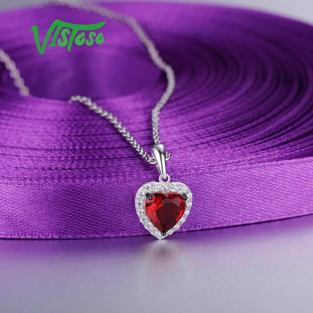 VISTOSO Серебряное сердце Подвеска для женщин ювелирные изделия Красный Кристалл