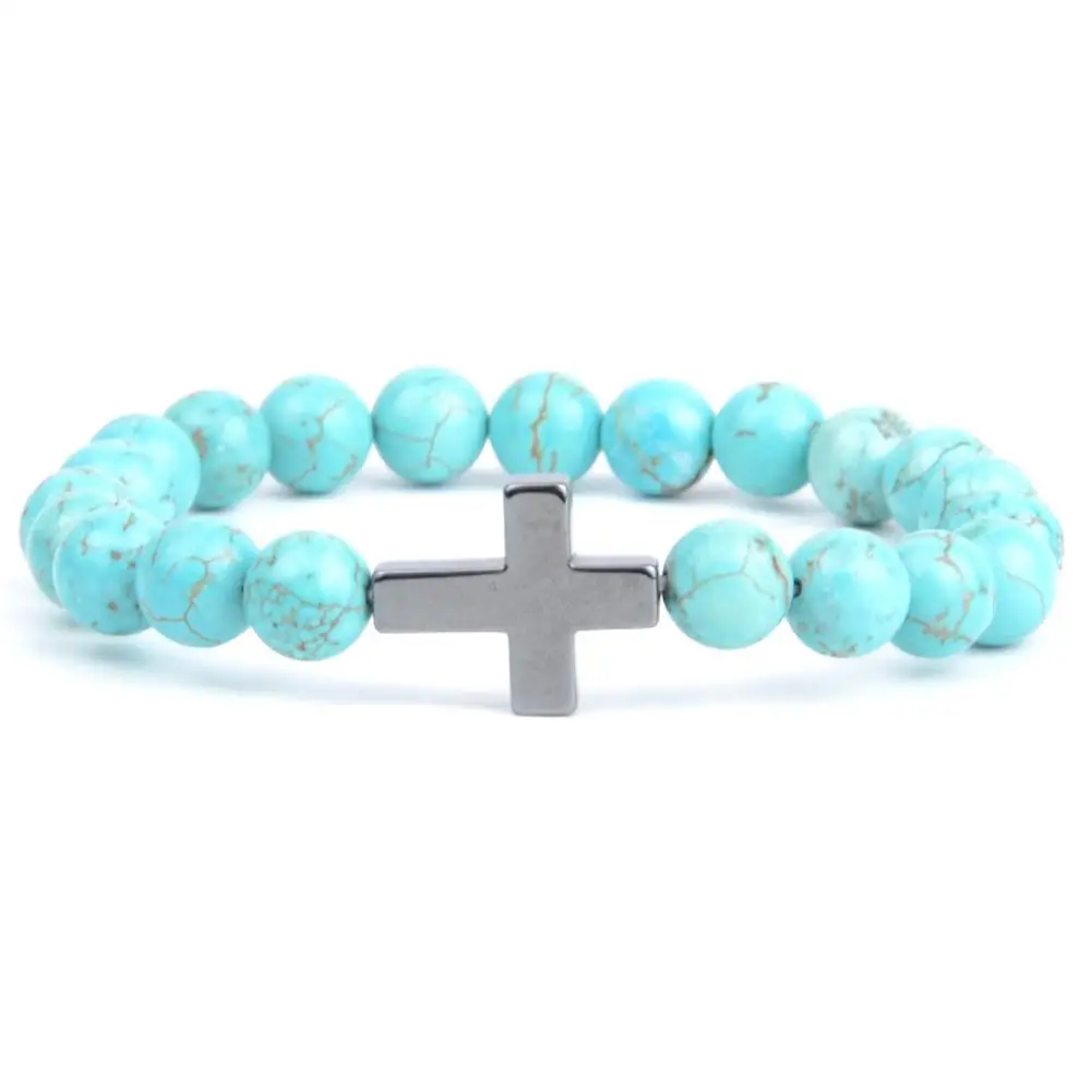 Blue turquoise Религиозные христианские браслеты и браслеты для женщин, натуральный камень, Африка, бирюза, бусины, браслет, крест, очаровательный браслет, мужские ювелирные изделия - Окраска металла: Blue turquoise