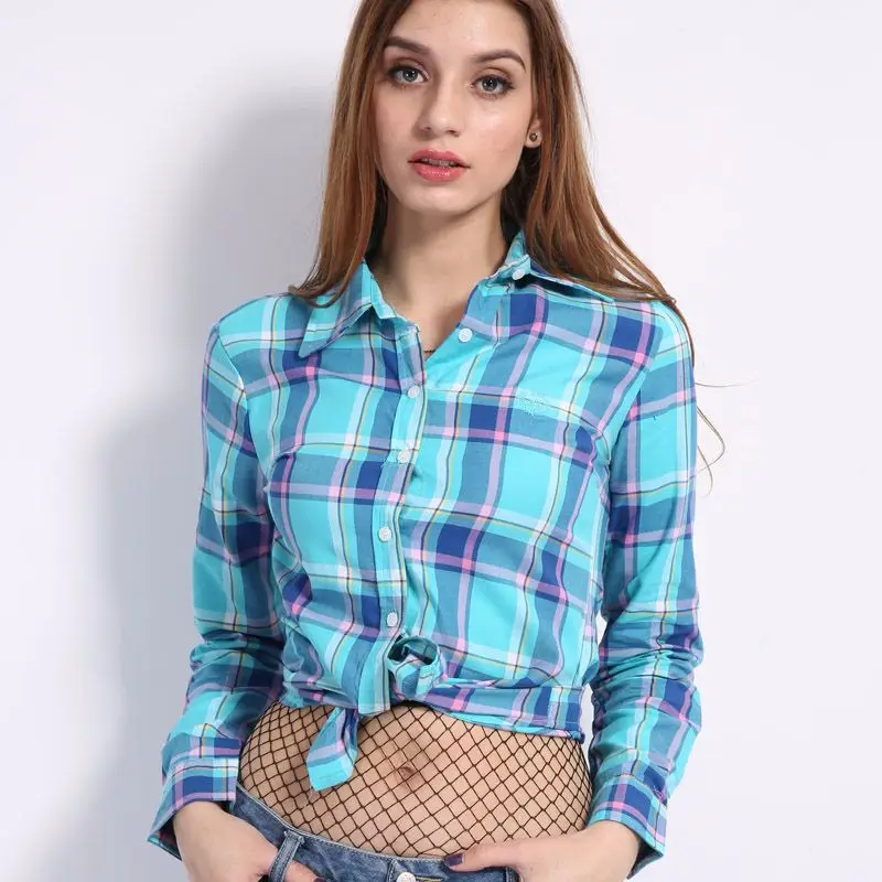 2018 модные женские туфли с длинным рукавом рубашка в клетку Офисные хлопок