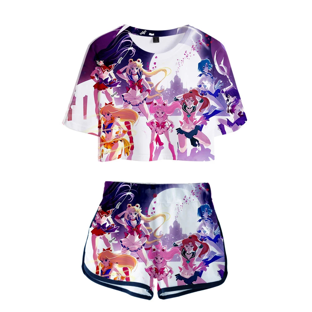 

3D Sailor Moon Dew navel t shirt Sets Anime Harajuku Women Two Piece Set and Short Pants Summer Girl's Fashion Kawaii Tshirt