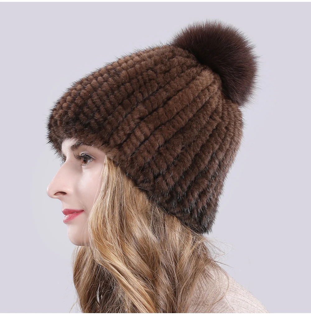Lovely Real Mink Fur Hat Women Winter Knitted Real Mink Fur Beanies Hats With Fox Fur Pom Poms New Thick Real Mink Fur Cap