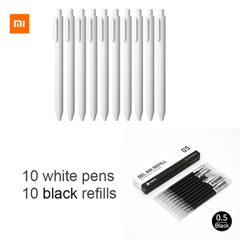 White with Black ink 10 шт.,, Xiao mi jia Kaco, ручка, 0,5 мм, сердечник, прочная ручка для подписи, заправлять черными чернилами, для дома, школы, офиса - Цвет: White with Black ink
