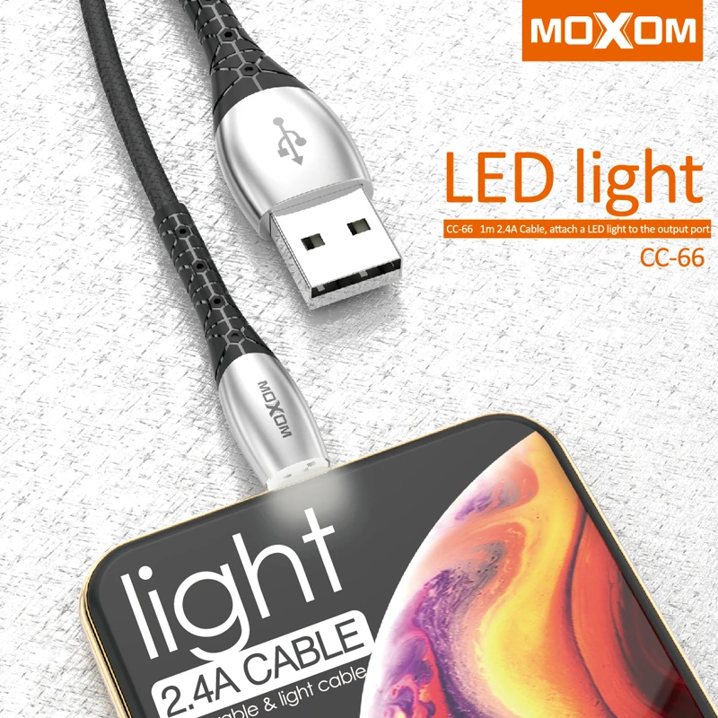 MOXOM светодиодный зарядное устройство с интерфейсом Lightning Кабель для iPhone X Xs Max XR 2.4A быстрое устройство для зарядки кабель передачи данных для iPhone Кабельное ответвление