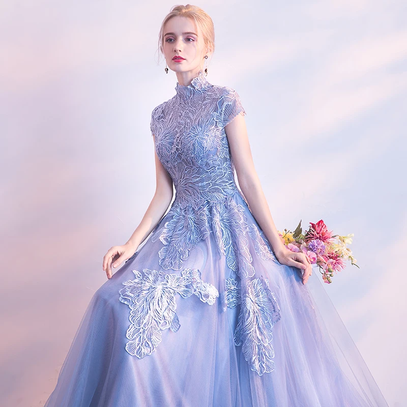 SSYFashion/Новое кружевное вечернее платье элегантное с высоким воротом серое синее