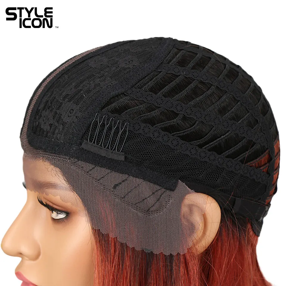 Styleicon Short Bob Straight Hair Wig Lace Front Wigs Middle Part Ombre Human 130% Density Malaysian Pink Red Remy | Шиньоны и парики